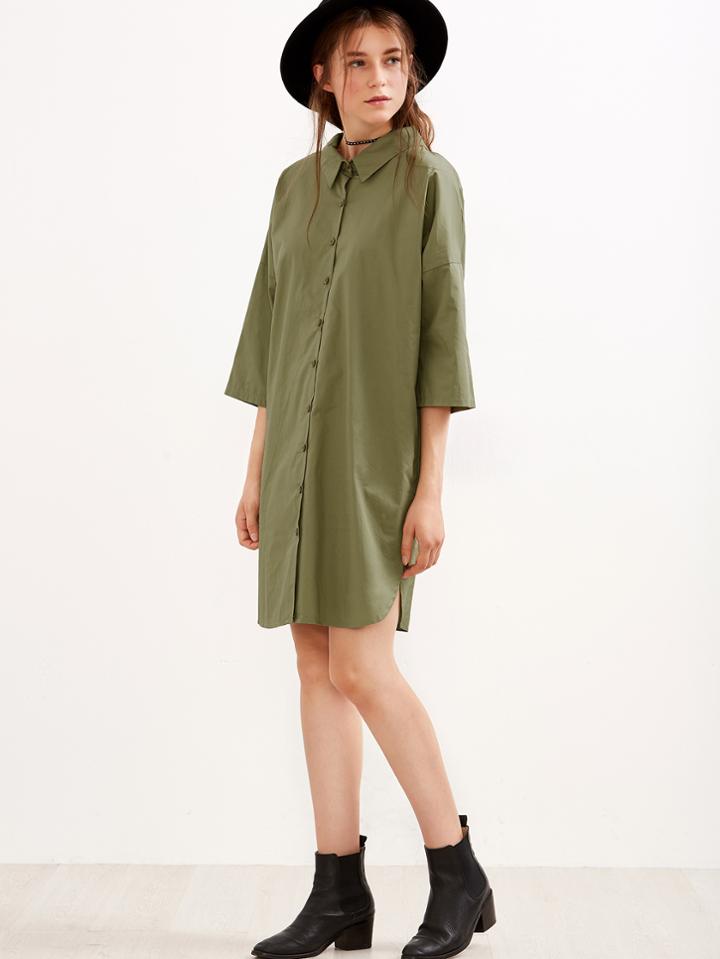Shein Army Green Drop Shoulder Tie Back Shirt Dress
