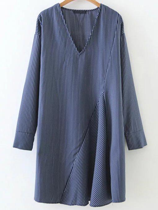 Shein Blue Vertical Striped Letter Print Dress