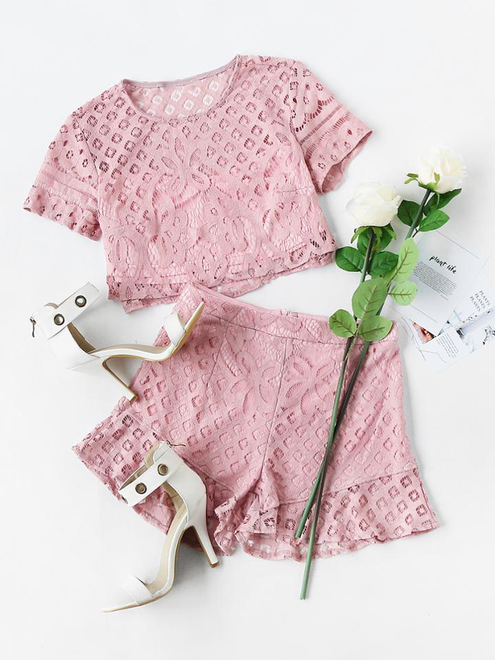 Shein Lace Crop Top And Frill Hem Shorts Set