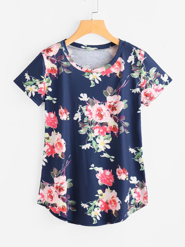 Shein Random Florals Curved Hem Tee