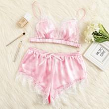 Shein Lace Trim Satin Bralette & Shorts Lingerie Set