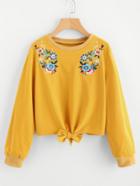 Shein Bow Tie Hem Symmetric Embroidered Pullover
