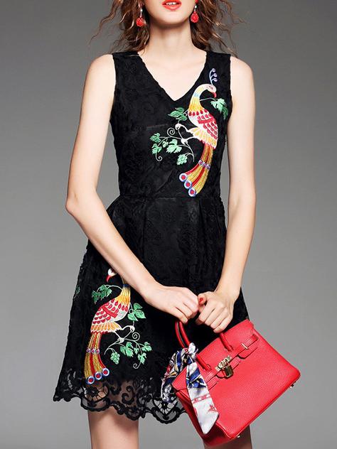 Shein Black V Neck Bird Embroidered Dress