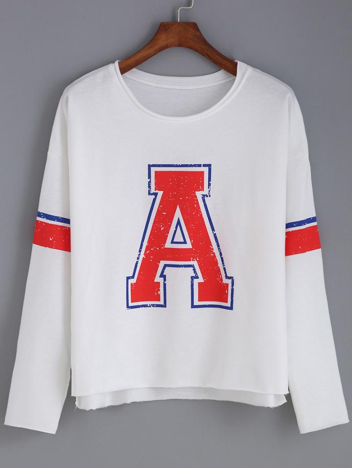 Shein Long Sleeve Dip Hem Letter Print T-shirt