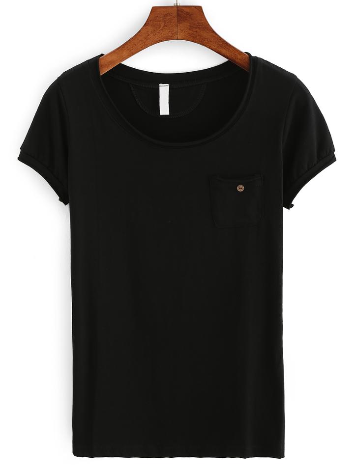 Shein Frayed Buttoned Pocket T-shirt - Black