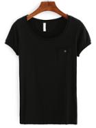 Shein Frayed Buttoned Pocket T-shirt - Black