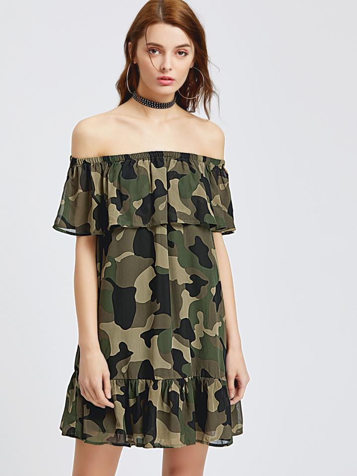 Shein Camo Print Frill Bardot Dress