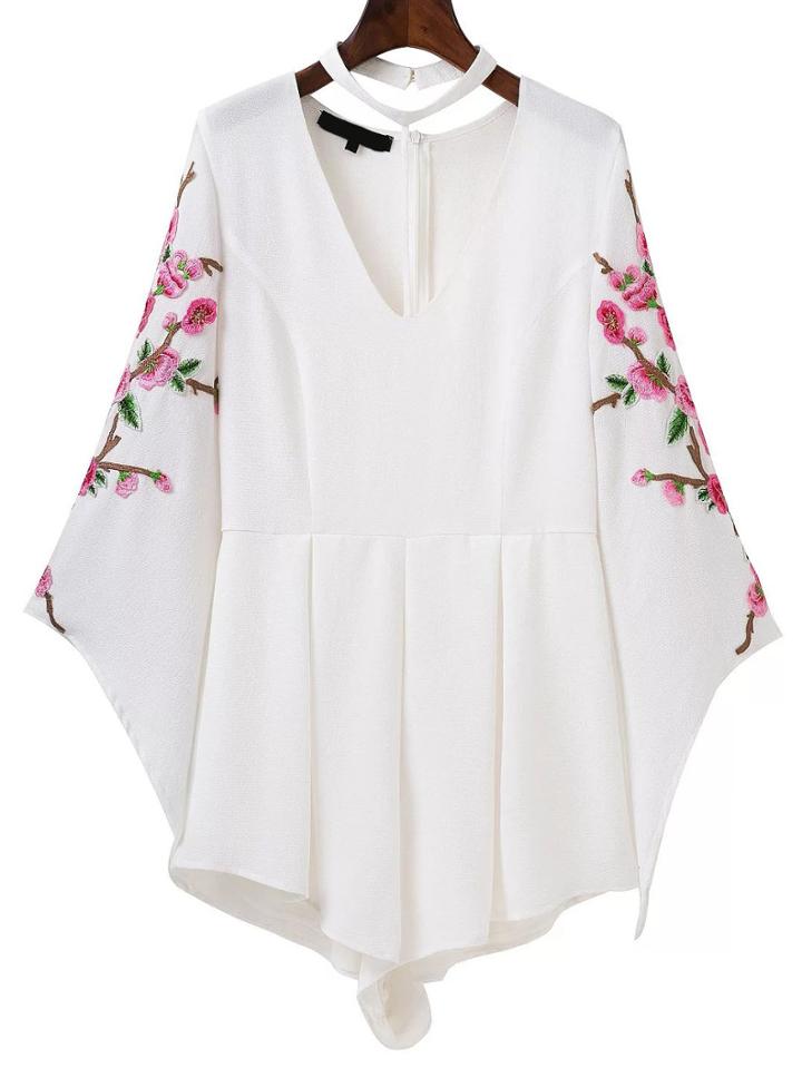 Shein White Blue Flower Embroidery Choker Neck Romper