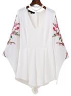 Shein White Blue Flower Embroidery Choker Neck Romper