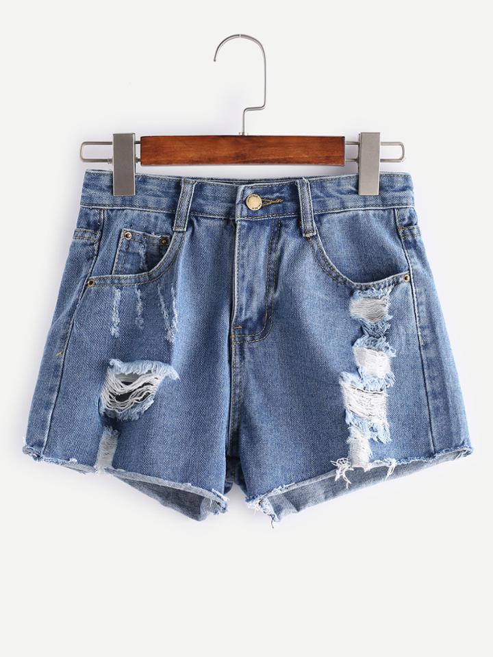 Shein Ripped Bleached Raw Hem Denim Shorts