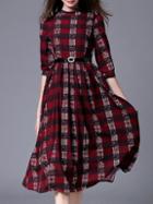 Shein Burgundy Plaid Belted A-line Dress