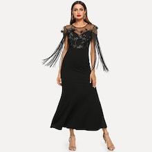Shein Embroidered Mesh Overlay Bodice Fringe Detail Dress