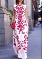 Rosewe Cap Sleeve High Waist Printed Maxi Dress