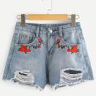 Shein Floral Embroidered Ripped Denim Shorts