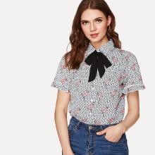 Shein Tie Neck Frill Trim Spot Print Blouse