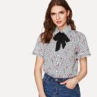 Shein Tie Neck Frill Trim Spot Print Blouse