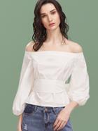 Shein White Off The Shoulder Lantern Sleeve Belted Top