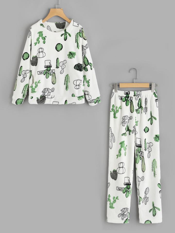 Shein Cactus Print Top And Pants Pajama Set
