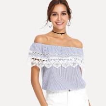 Shein Lace Crochet Contrast Off Shoulder Stripe Blouse