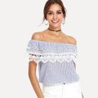 Shein Lace Crochet Contrast Off Shoulder Stripe Blouse
