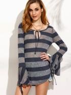 Shein Dark Blue Stripe Tie Ruffle Cuff Long Sleeve T-shirt