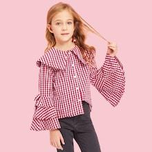 Shein Girls Layered Flounce Sleeve Gingham Print Shirt