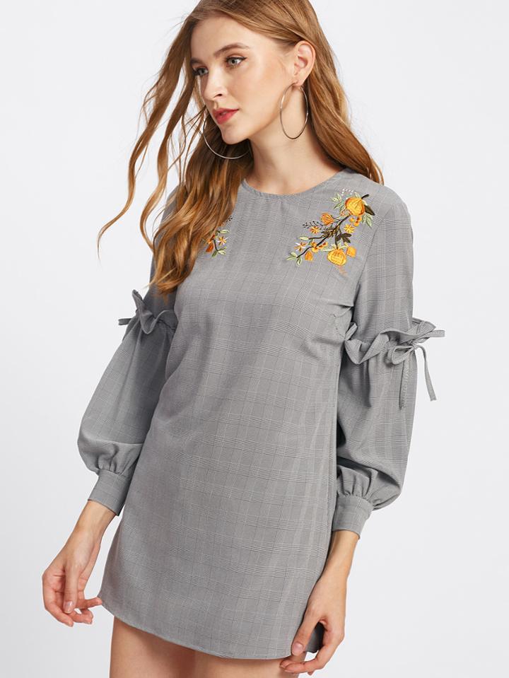 Shein Ruffle Detail Embroidered Glen Plaid Dress