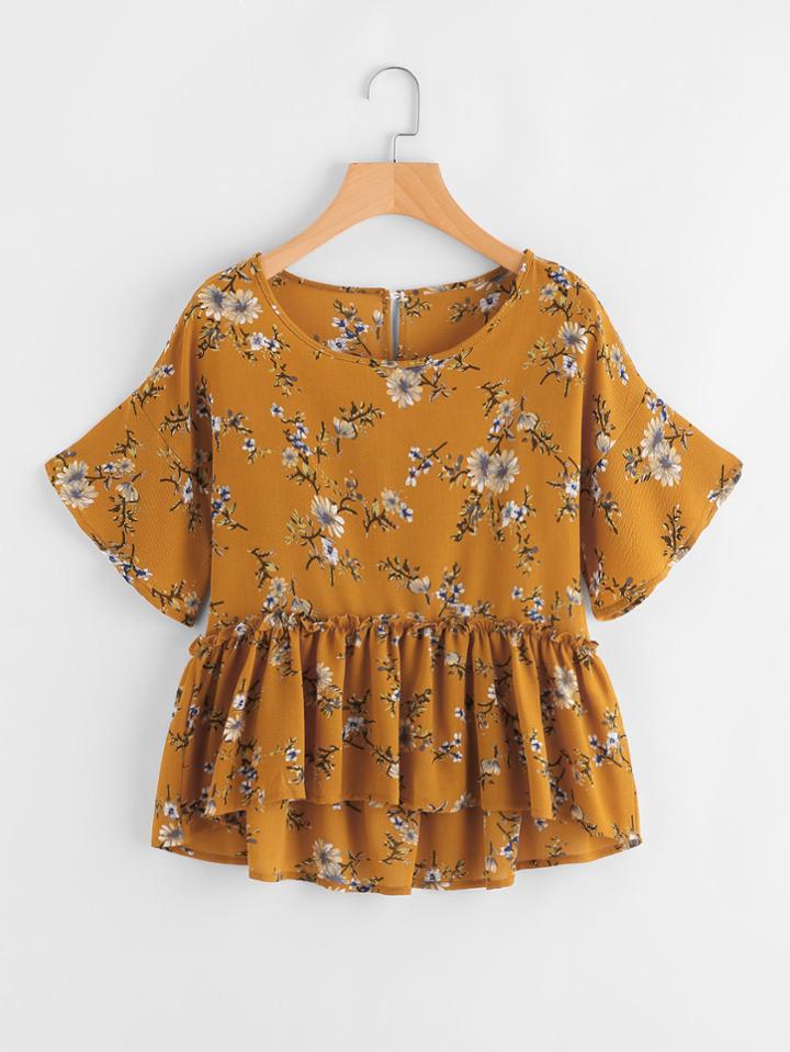 Shein Calico Print Frill Hem Babydoll Blouse