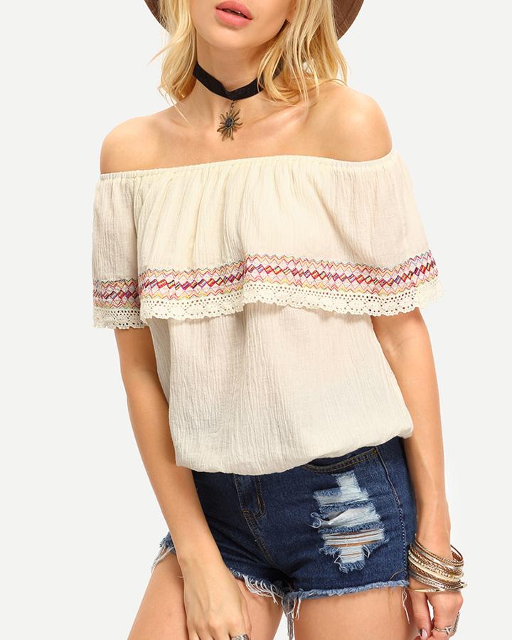 Shein Beige Off The Shoulder Embroidered Ruffle Blouse