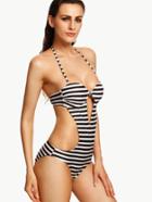 Shein Black White Striped Halter Monokini