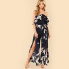Shein Flamingo Print Slit Hem Strapless Jumpsuit