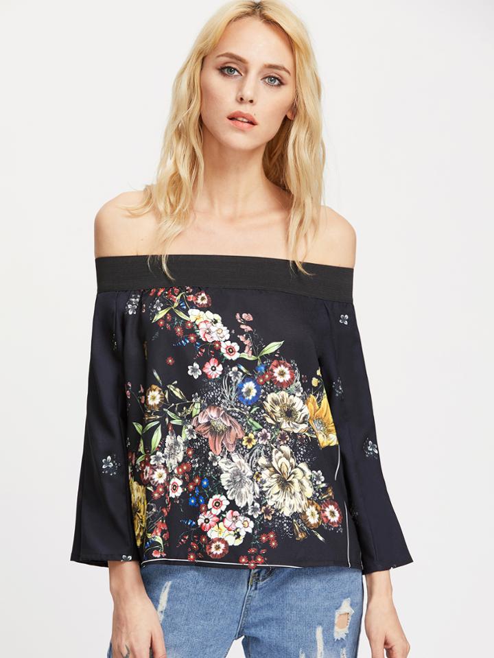 Shein Black Flower Print Off The Shoulder Blouse