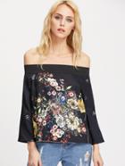 Shein Black Flower Print Off The Shoulder Blouse