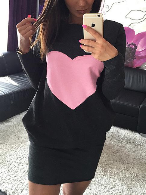 Shein Black Long Sleeve Heart Print Bodycon Dress