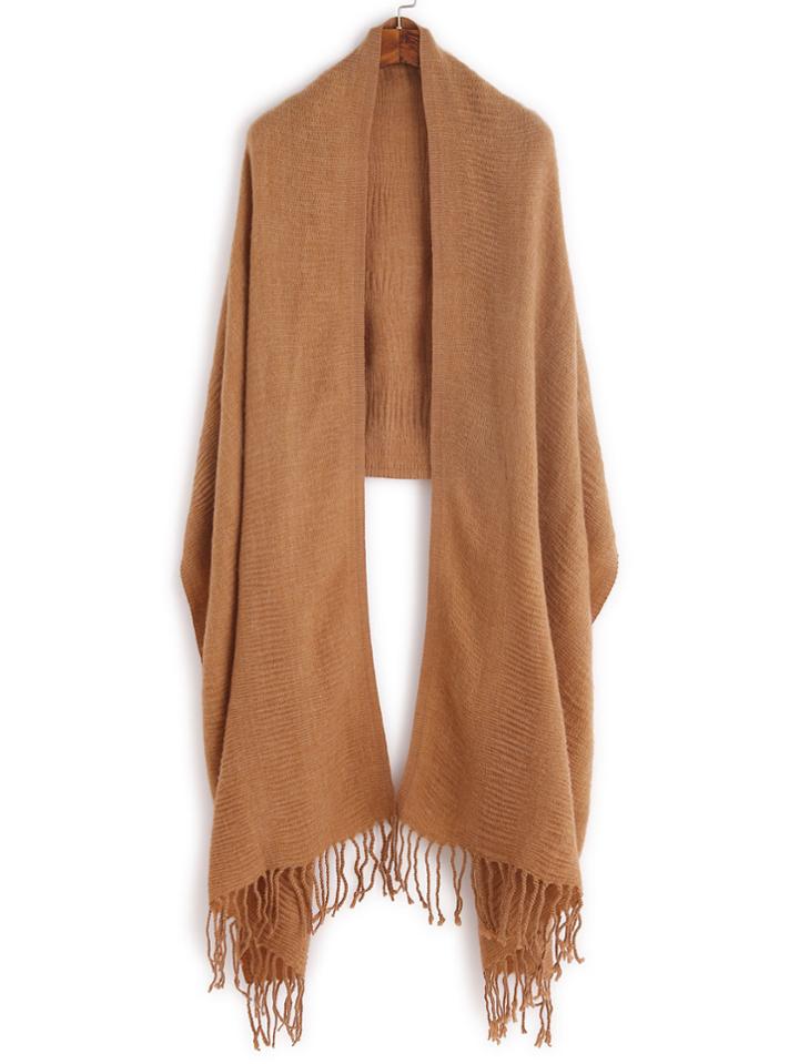 Shein Khaki Pleated Fringe Edge Shawl Scarf