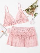 Shein Bow Frill Hem Lace Bra & Shorts Pajama Set