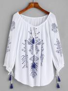 Shein White Embroidered Lace Up Fringe Blouse