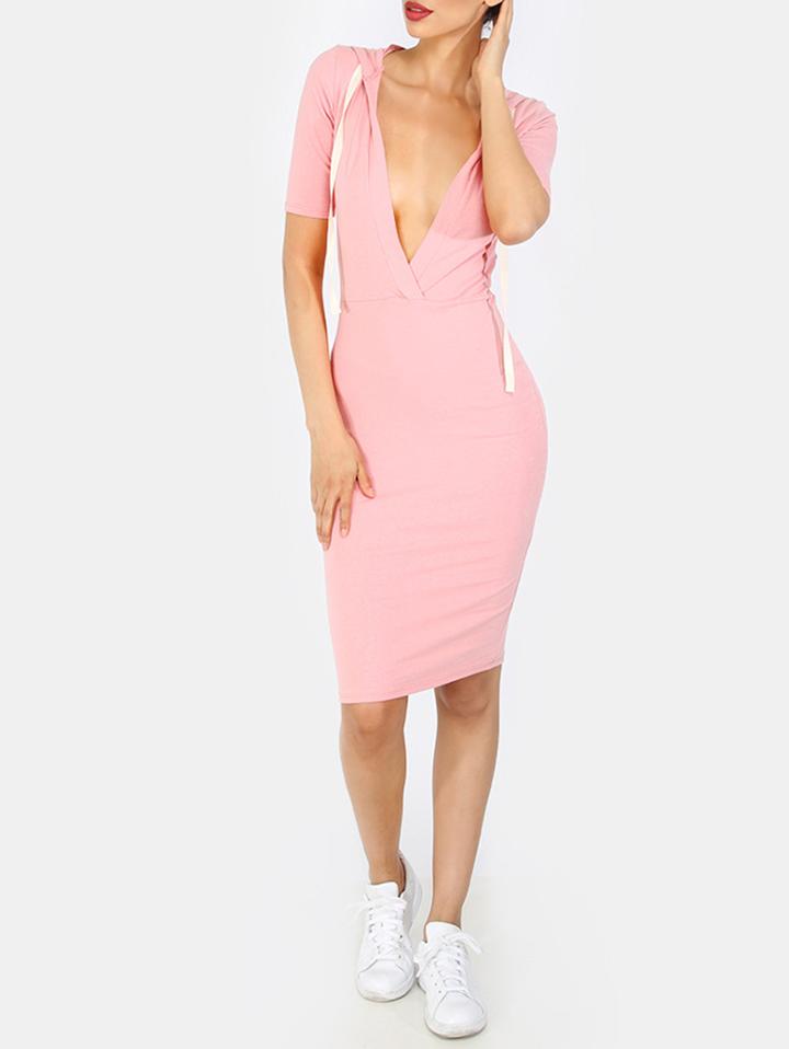 Shein Plunging V-neckline Drawstring Hooded Midi Dress