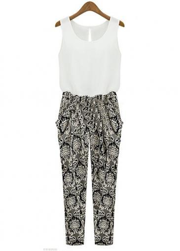 Rosewe White Paned Sleeveless Scoop Neck Ankle Length Jumpsuit