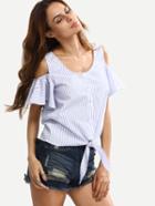 Shein Blue Striped Cold Sholder Buttons Blouse