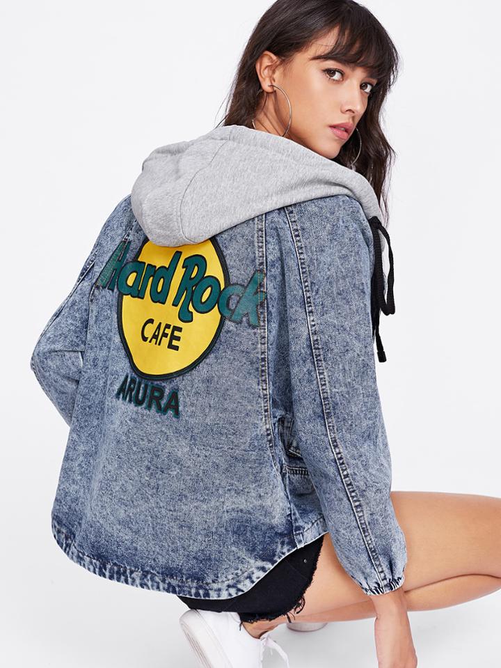 Shein Letter Print Bleach Wash Hooded Denim Jacket