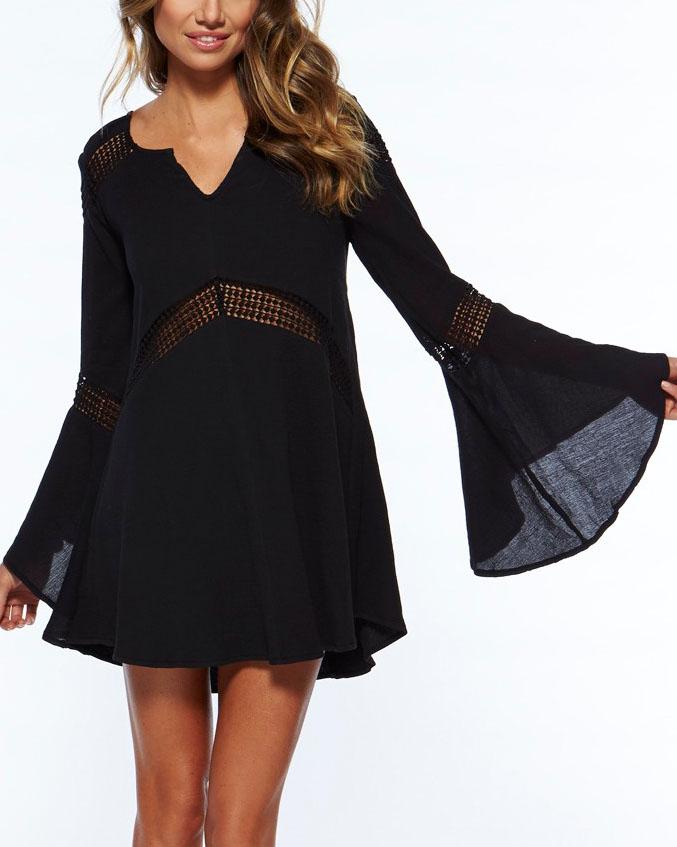 Shein Black V Neck Long Sleeve Hollow Dress