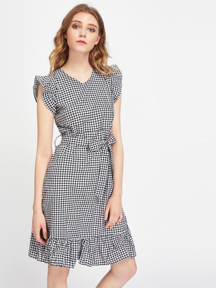 Shein Gingham Frill Trim Self Tie Dress