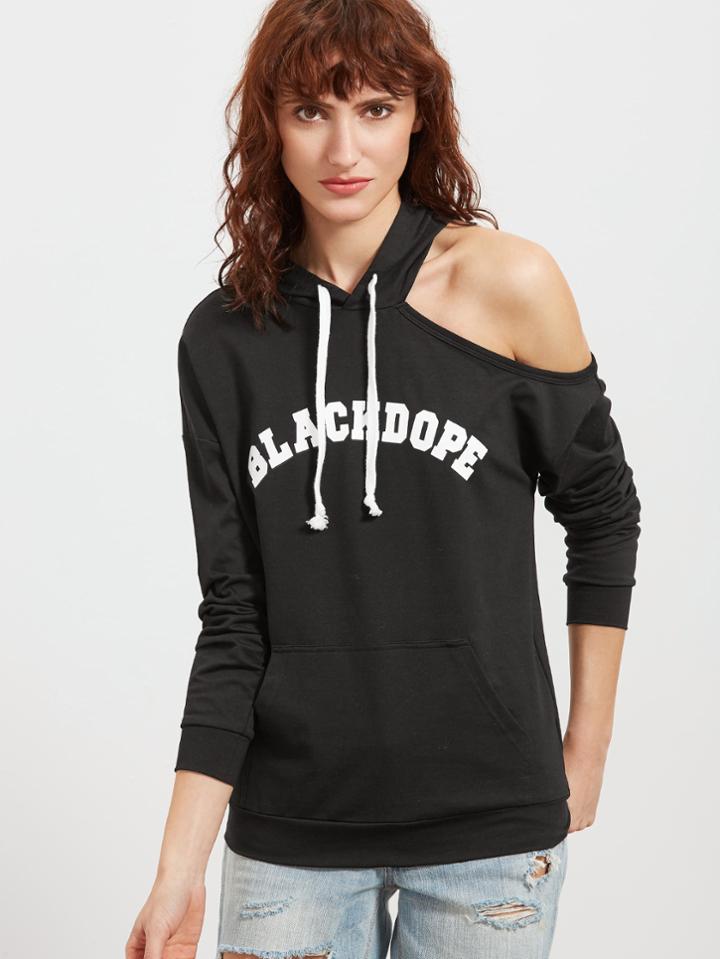 Shein Black Letter Print Cutout Shoulder Hoodie With Pocket