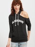 Shein Black Letter Print Cutout Shoulder Hoodie With Pocket