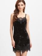 Shein Black Lace Trim Velvet Cami Dress