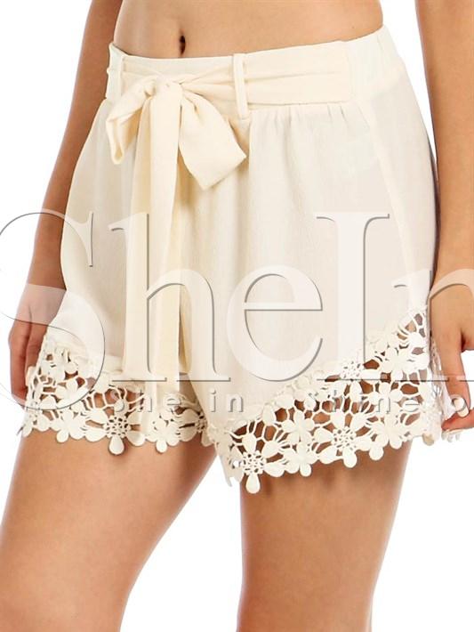 Shein Apricot Tie-waist With Crochet Lace Shorts