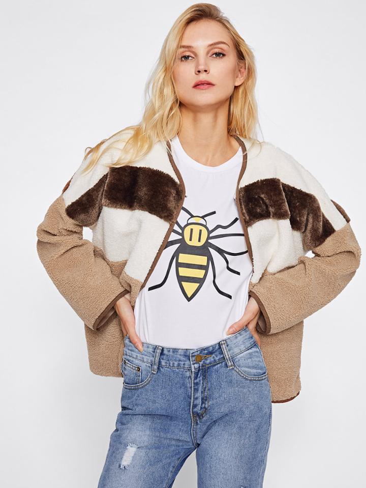 Shein Contrast Binding Open Front Fleece Jacket