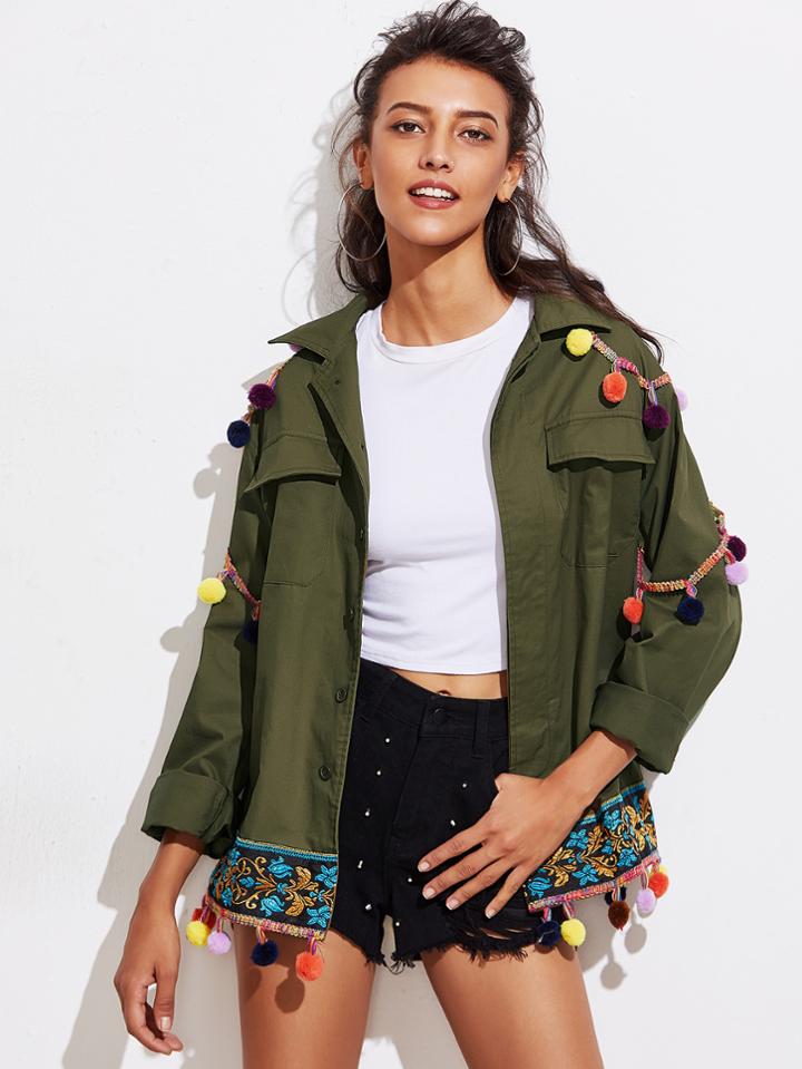 Shein Jacquard Tape And Pom Pom Detail Utility Jacket