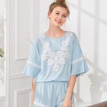 Shein Ruffle Sleeve Lace Applique Top & Shorts Pj Set